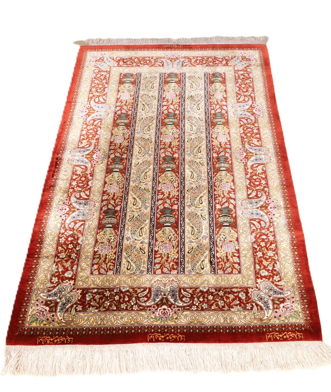 perserteppich-125-x-80-cm-seide-handgeknupft-rot-orange-2 Ghom Perserteppich 125 × 80 cm aus Seide, handgeknüpft