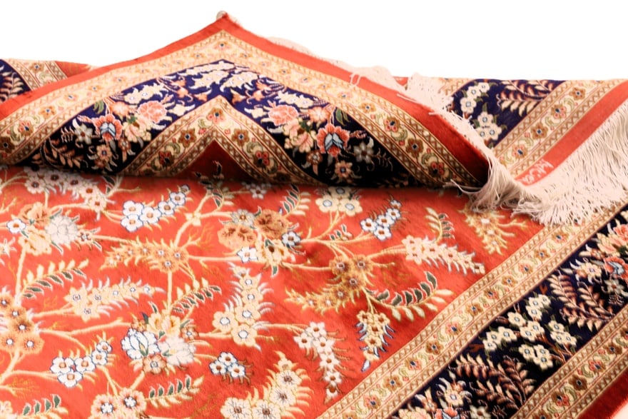 perserteppich-150-x-98-cm-seide-handgeknupft-rot-orange-1 Handgeknüpfter Ghom Perserteppich, 150 × 98 cm, Seide
