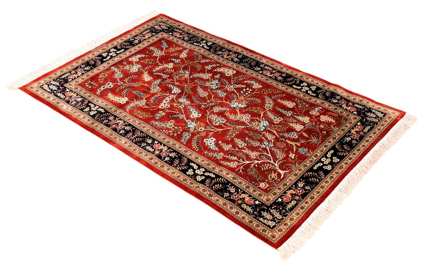 perserteppich-150-x-98-cm-seide-handgeknupft-rot-orange-2 Handgeknüpfter Ghom Perserteppich, 150 × 98 cm, Seide