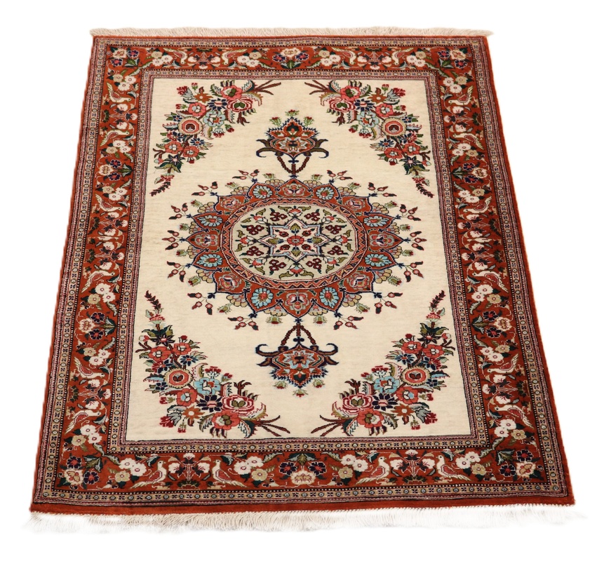 perserteppich-118-x-80-cm-seide-handgeknupft-rot-orange-4 Ghom Perserteppich aus Iran, 118 × 80 cm
