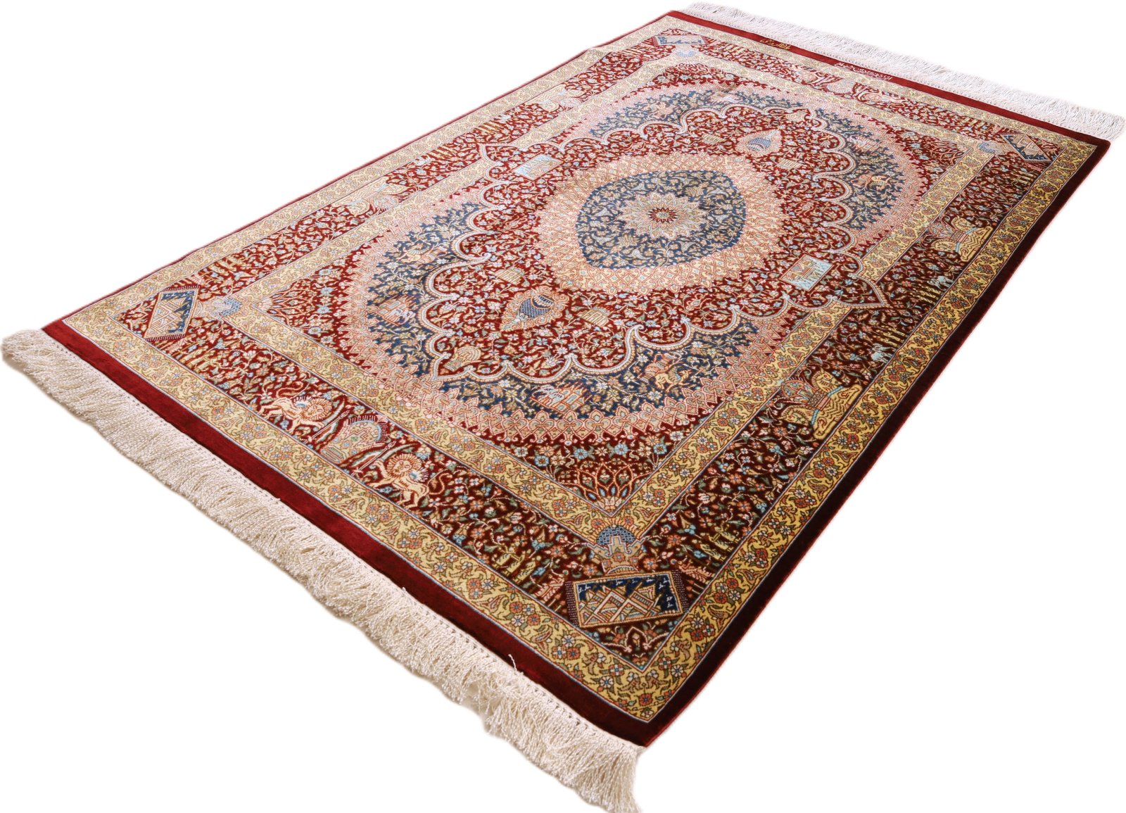 perserteppich-118-x-80-cm-seide-handgeknuepft-rot-orange-5 Handgeknüpfter Ghom Perserteppich, 118 × 80 cm, Seide