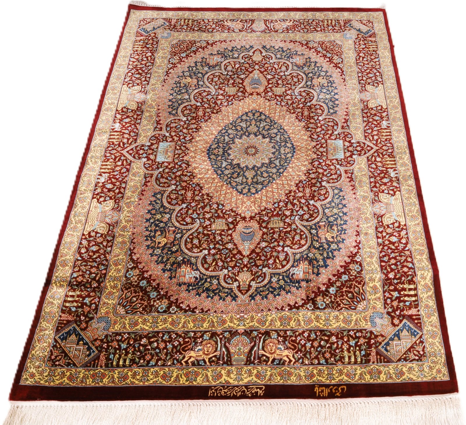 perserteppich-118-x-80-cm-seide-handgeknuepft-rot-orange-7 Handgeknüpfter Ghom Perserteppich, 118 × 80 cm, Seide