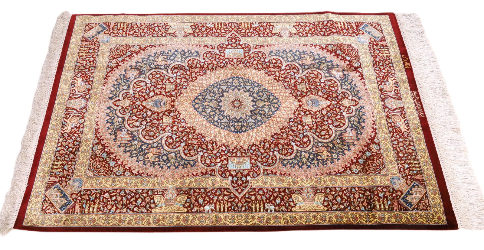 perserteppich-118-x-80-cm-seide-handgeknuepft-rot-orange-8 Handgeknüpfter Ghom Perserteppich, 118 × 80 cm, Seide