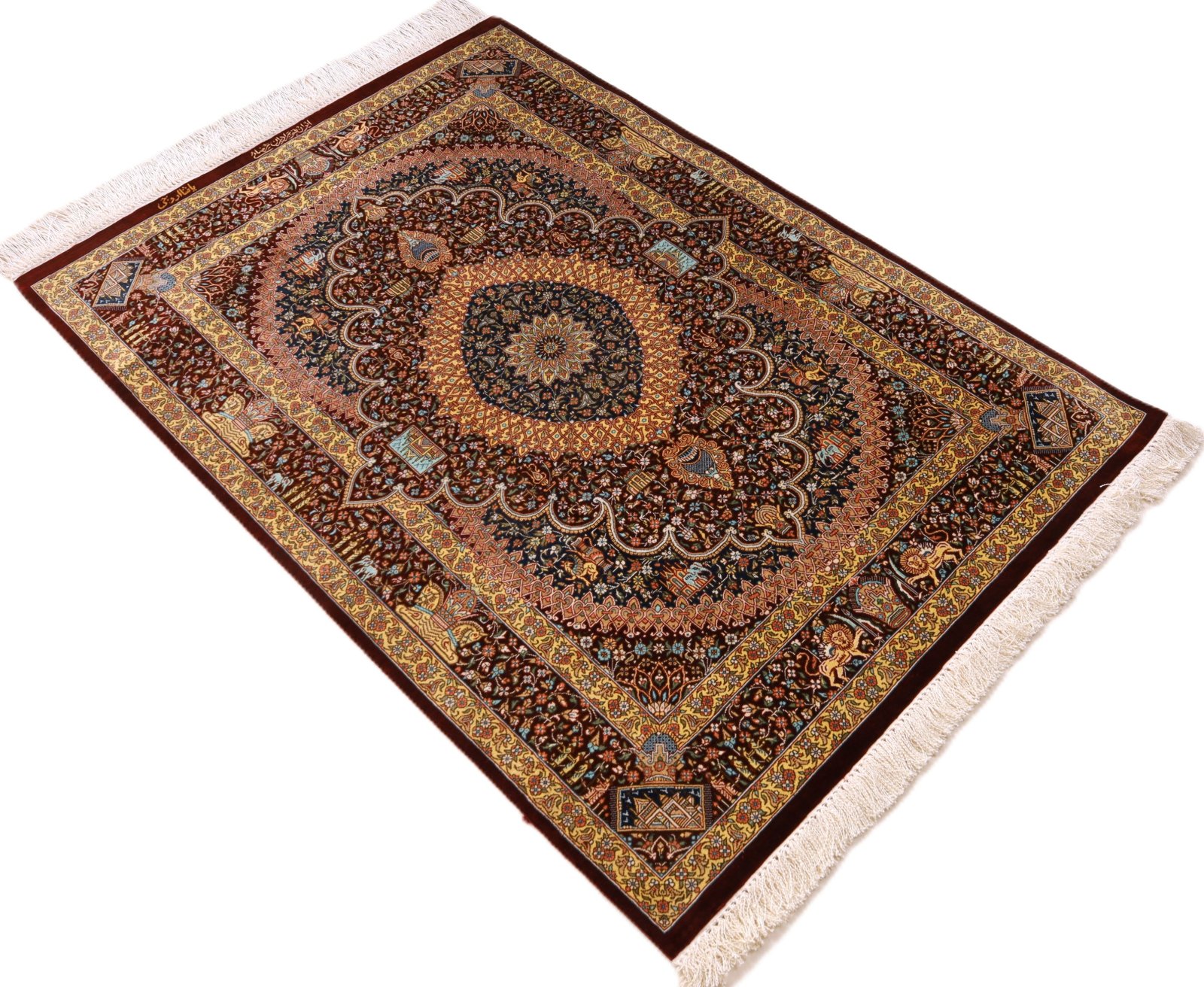 perserteppich-118-x-80-cm-seide-handgeknuepft-rot-orange-10 Handgeknüpfter Ghom Perserteppich, 118 × 80 cm, Seide