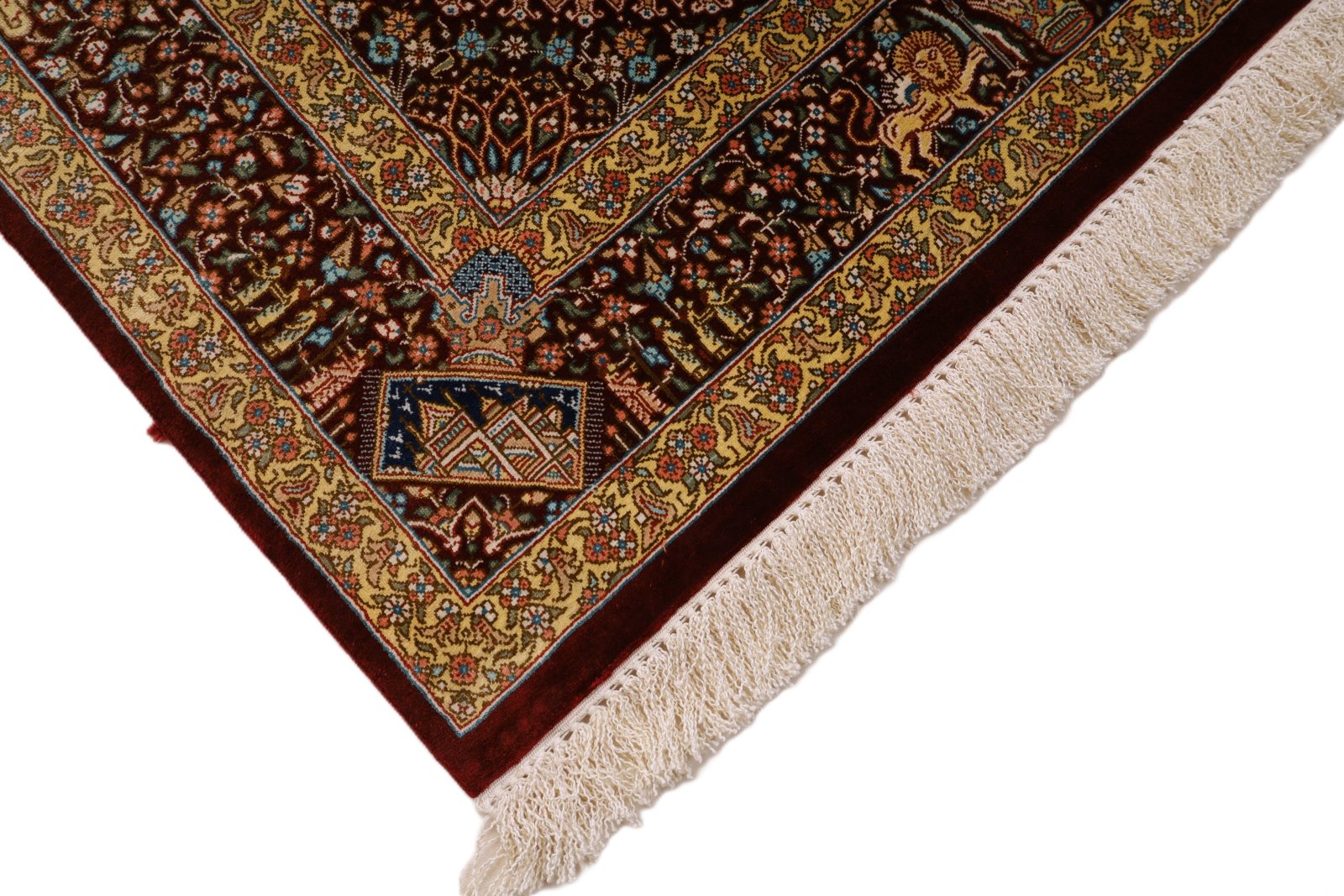 perserteppich-118-x-80-cm-seide-handgeknuepft-rot-orange-14 Handgeknüpfter Ghom Perserteppich, 118 × 80 cm, Seide