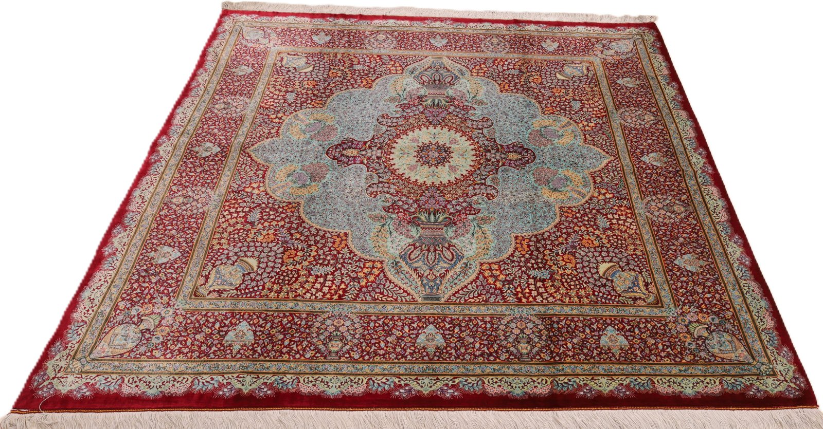 Handgeknüpfter Ghom Perserteppich, 196 × 196 cm, Seide