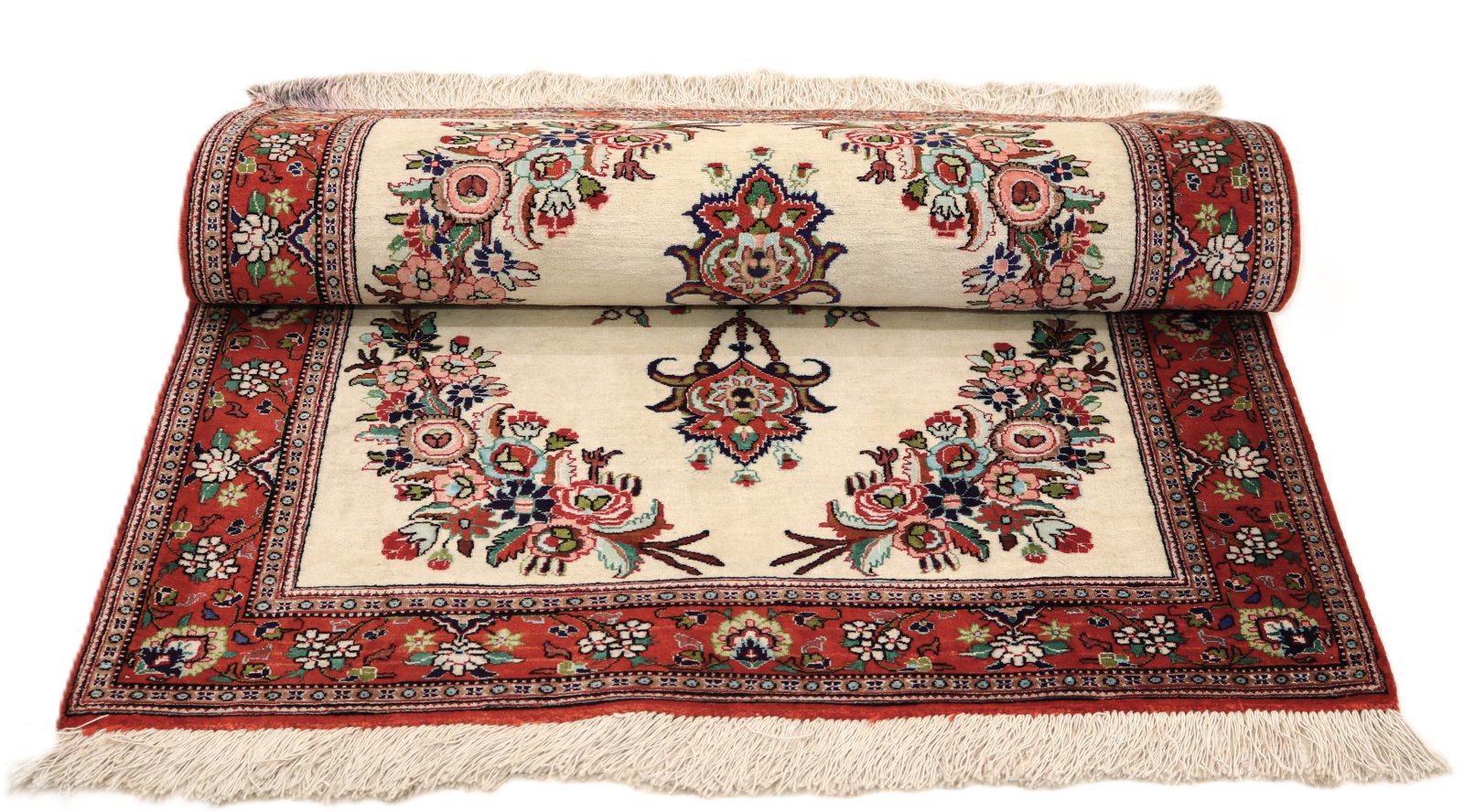 perserteppich-120-x-79-cm-seide-handgeknuepft-rot-orange-5 Handgeknüpfter Ghom Perserteppich, 120 × 79 cm, Seide