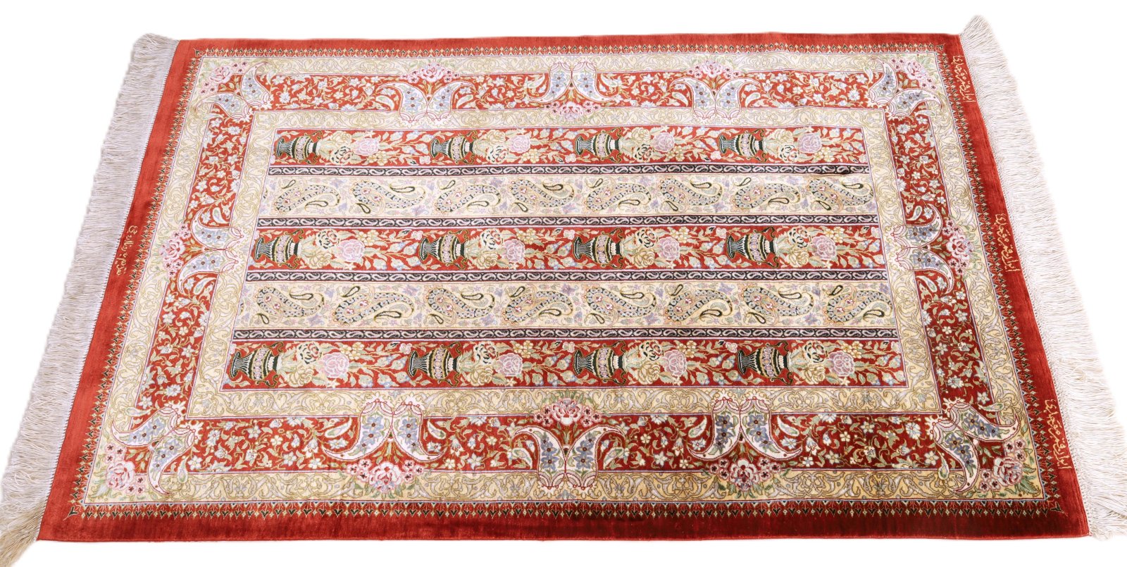 perserteppich-125-x-80-cm-seide-handgeknuepft-rot-orange-5 Ghom Perserteppich 125 × 80 cm aus Seide, handgeknüpft