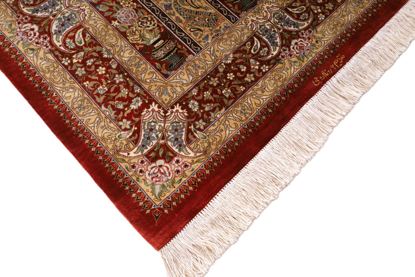 perserteppich-125-x-80-cm-seide-handgeknuepft-rot-orange-9 Ghom Perserteppich 125 × 80 cm aus Seide, handgeknüpft