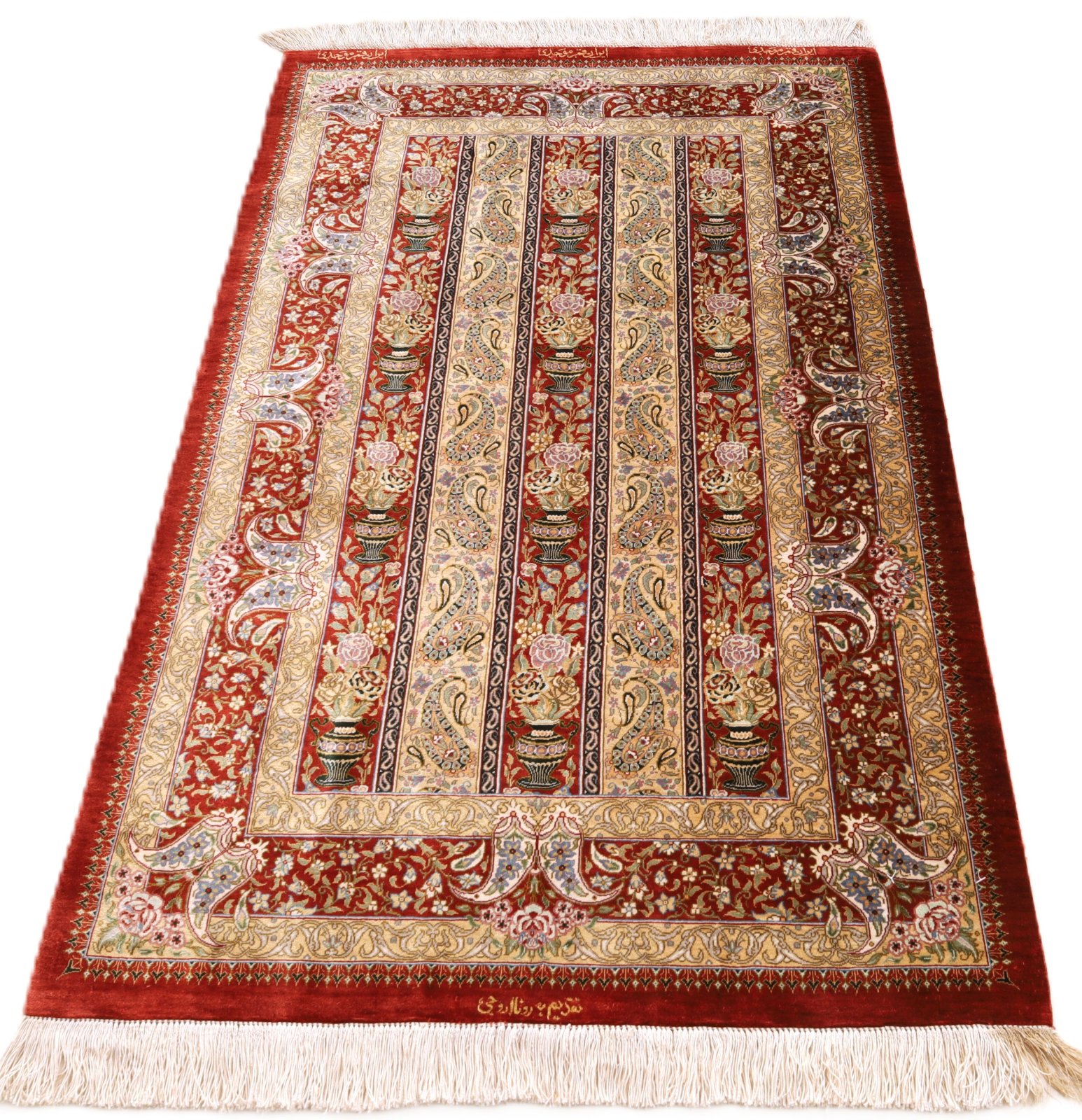 perserteppich-125-x-80-cm-seide-handgeknuepft-rot-orange-10 Ghom Perserteppich 125 × 80 cm aus Seide, handgeknüpft