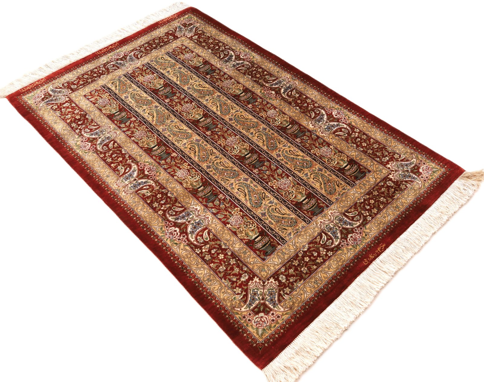 perserteppich-125-x-80-cm-seide-handgeknuepft-rot-orange-13 Ghom Perserteppich 125 × 80 cm aus Seide, handgeknüpft