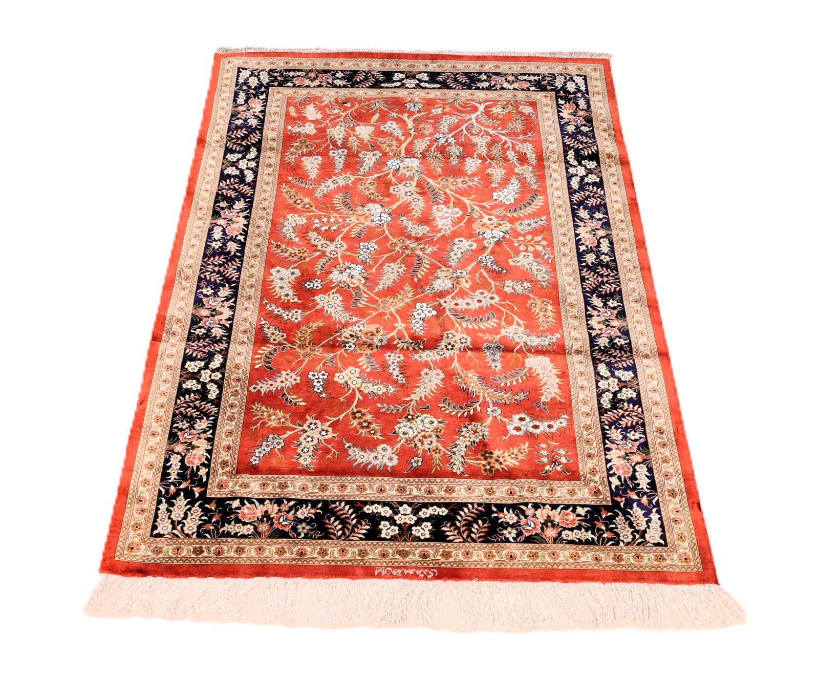 perserteppich-150-x-98-cm-seide-handgeknuepft-rot-orange-5 Handgeknüpfter Ghom Perserteppich, 150 × 98 cm, Seide