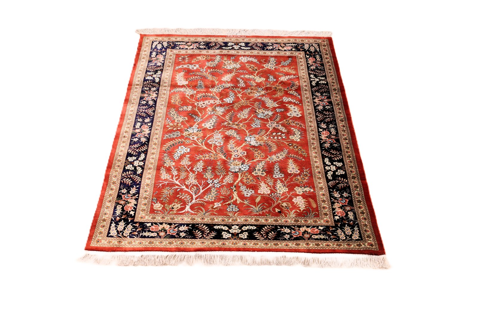 perserteppich-150-x-98-cm-seide-handgeknuepft-rot-orange-7 Handgeknüpfter Ghom Perserteppich, 150 × 98 cm, Seide