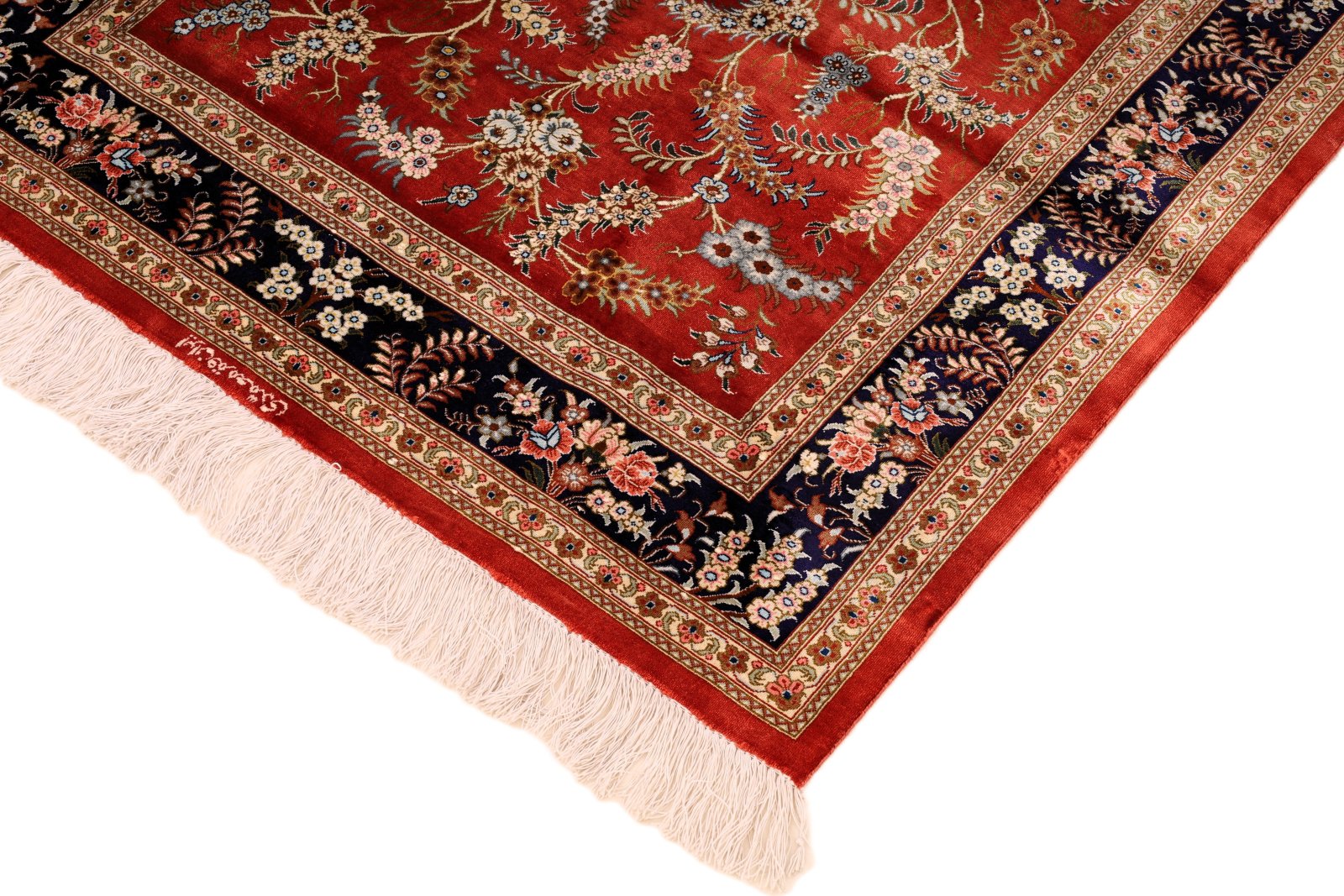 perserteppich-150-x-98-cm-seide-handgeknuepft-rot-orange-9 Handgeknüpfter Ghom Perserteppich, 150 × 98 cm, Seide