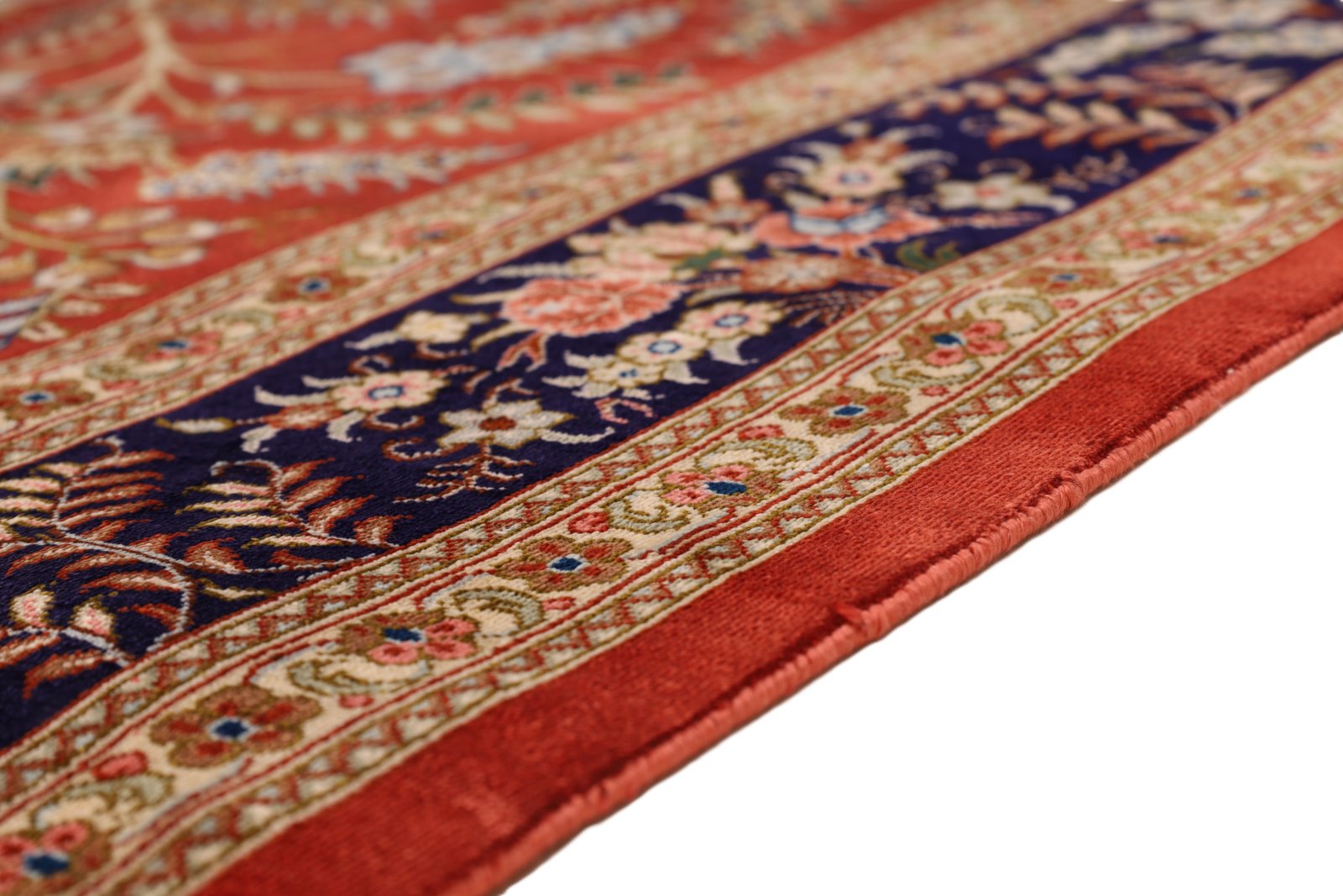 perserteppich-150-x-98-cm-seide-handgeknuepft-rot-orange-11 Handgeknüpfter Ghom Perserteppich, 150 × 98 cm, Seide