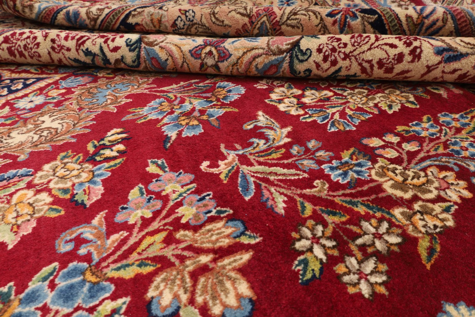 perserteppich-428-x-306-cm-wolle-handgeknuepft-rot-orange-6 Kerman Perserteppich aus Iran, 428 × 306 cm
