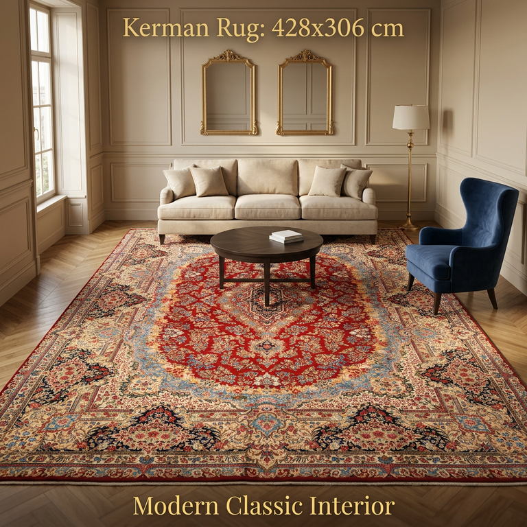 perserteppich-428-x-306-cm-wolle-handgeknuepft-rot-orange-12 Kerman Perserteppich aus Iran, 428 × 306 cm