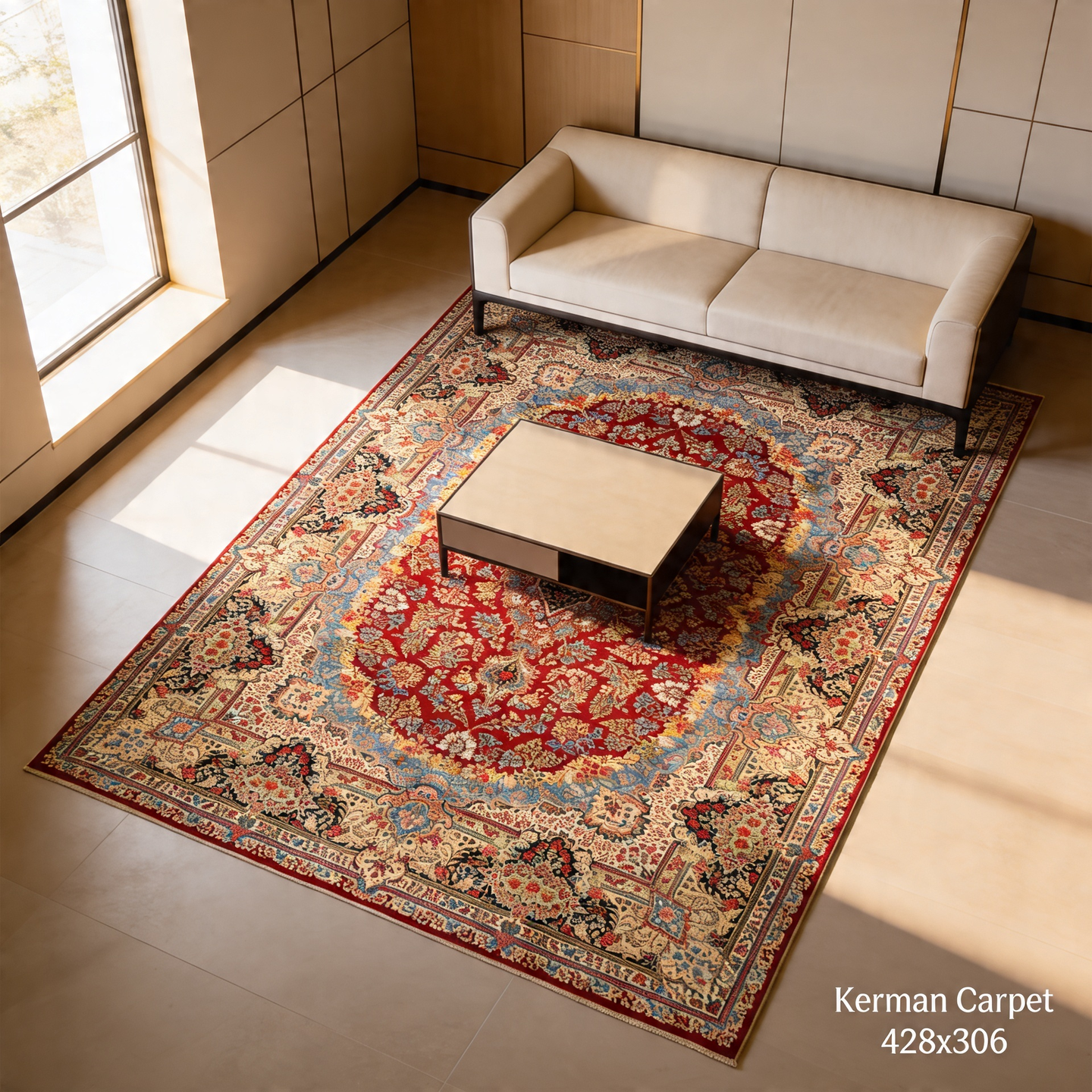 perserteppich-428-x-306-cm-wolle-handgeknuepft-rot-orange-13 Kerman Perserteppich aus Iran, 428 × 306 cm