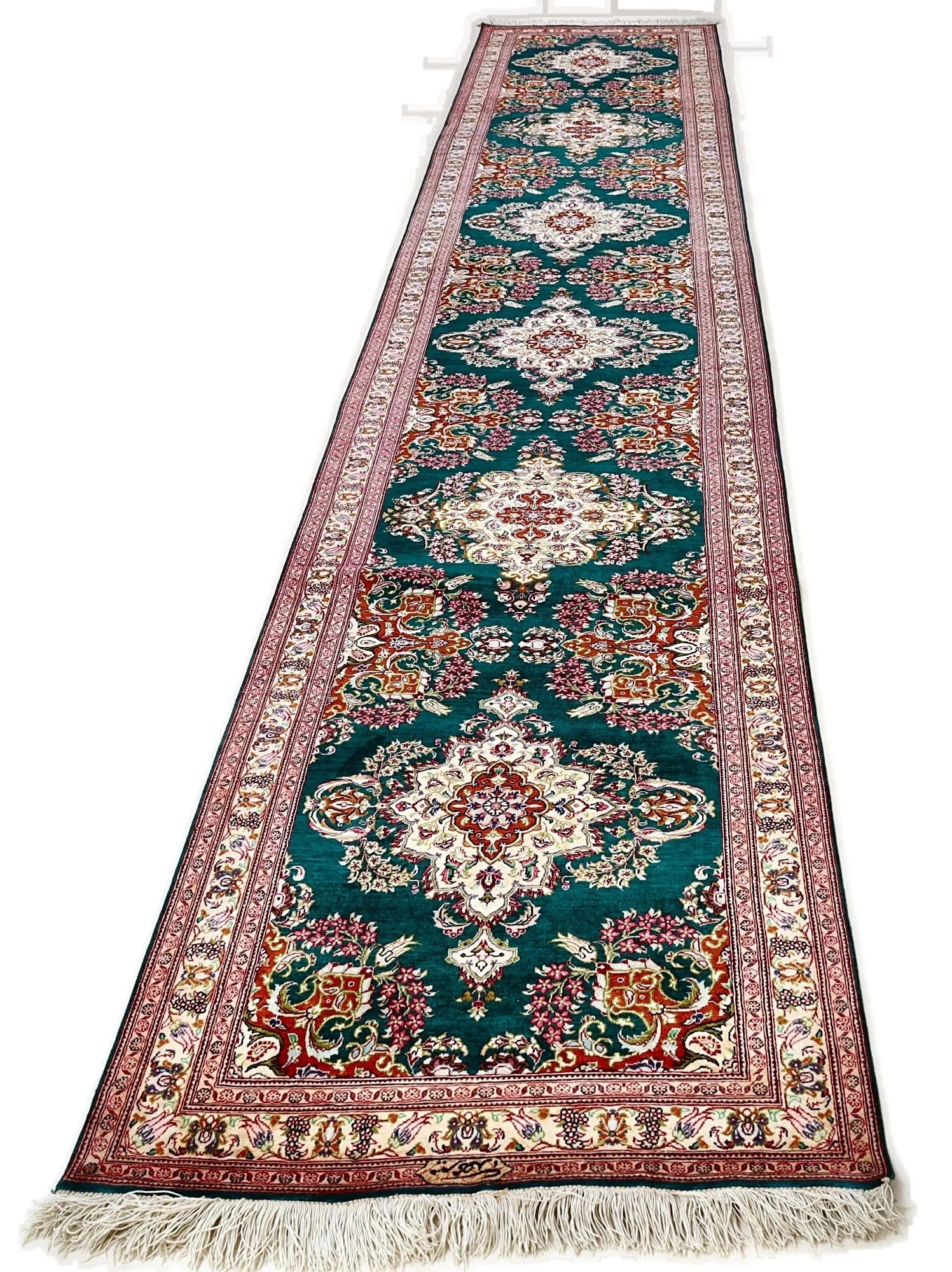 Handgeknüpfter Ghom Perserteppich, 400 × 80 cm, Seide