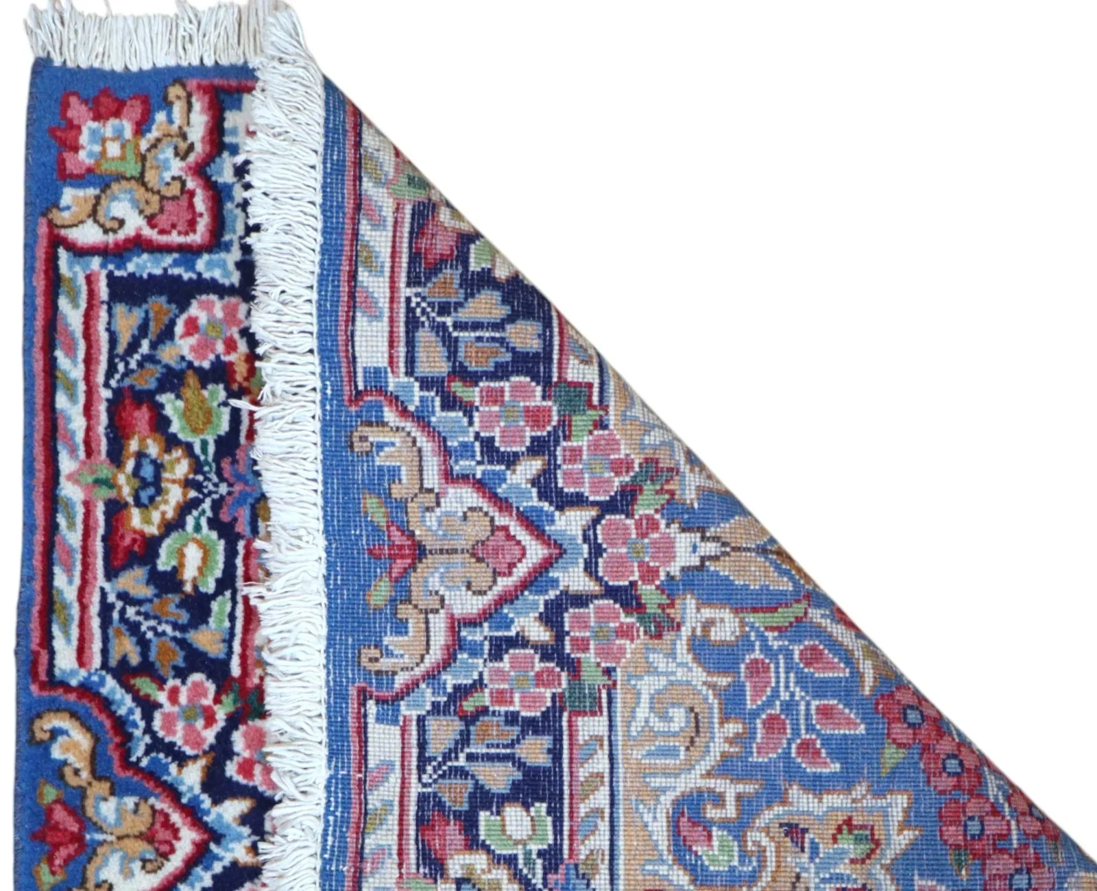 perserteppich-kerman-301-x-84-cm-schurwolle-handgeknupft-hellblau-rueckseite Kerman Perserteppich 301 × 84 cm aus Wolle, handgeknüpft