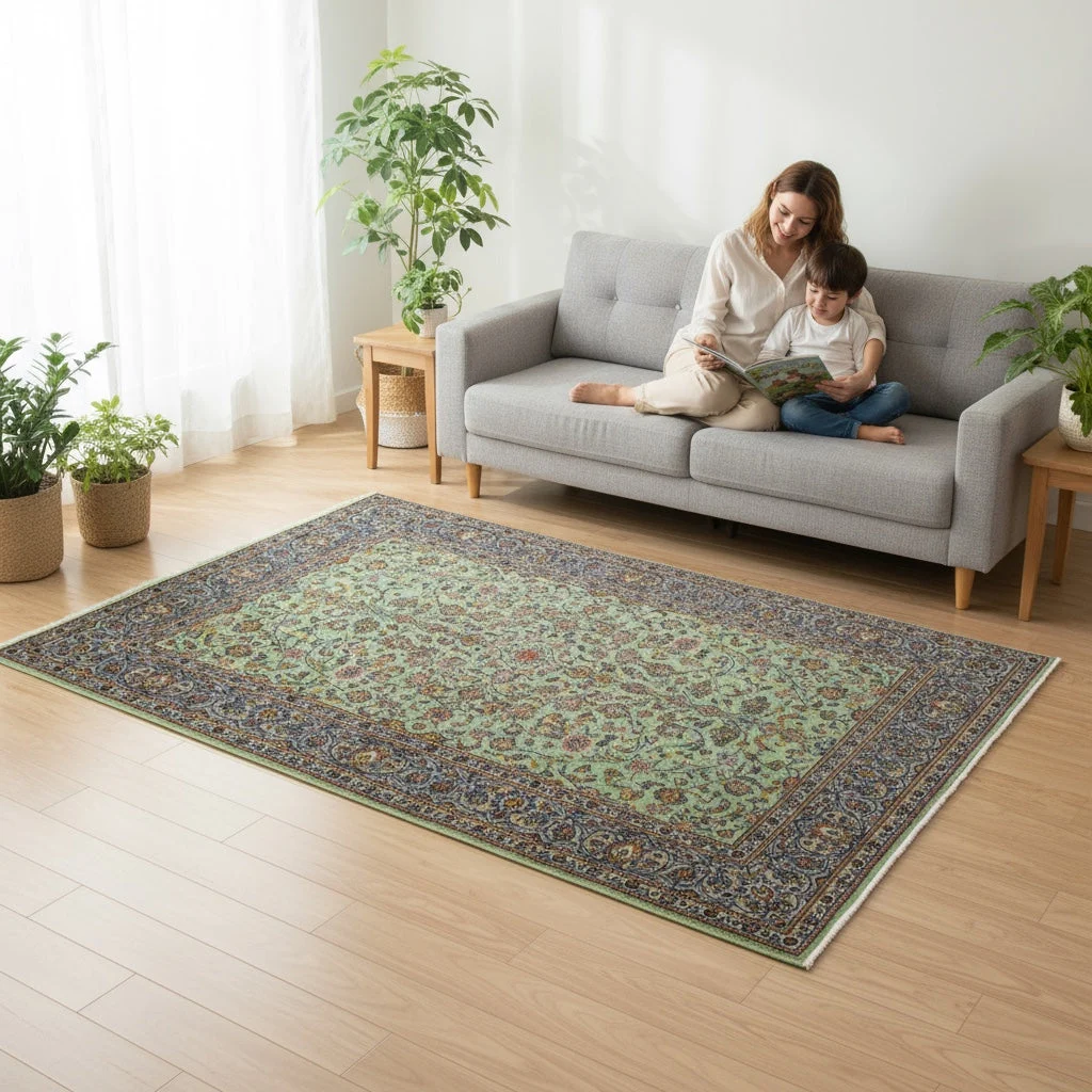 perserteppich-kashan-216-x-150-cm-schurwolle-handgeknupft-grun-10 Handgeknüpfter Kashan Perserteppich, 216 × 150 cm, Wolle