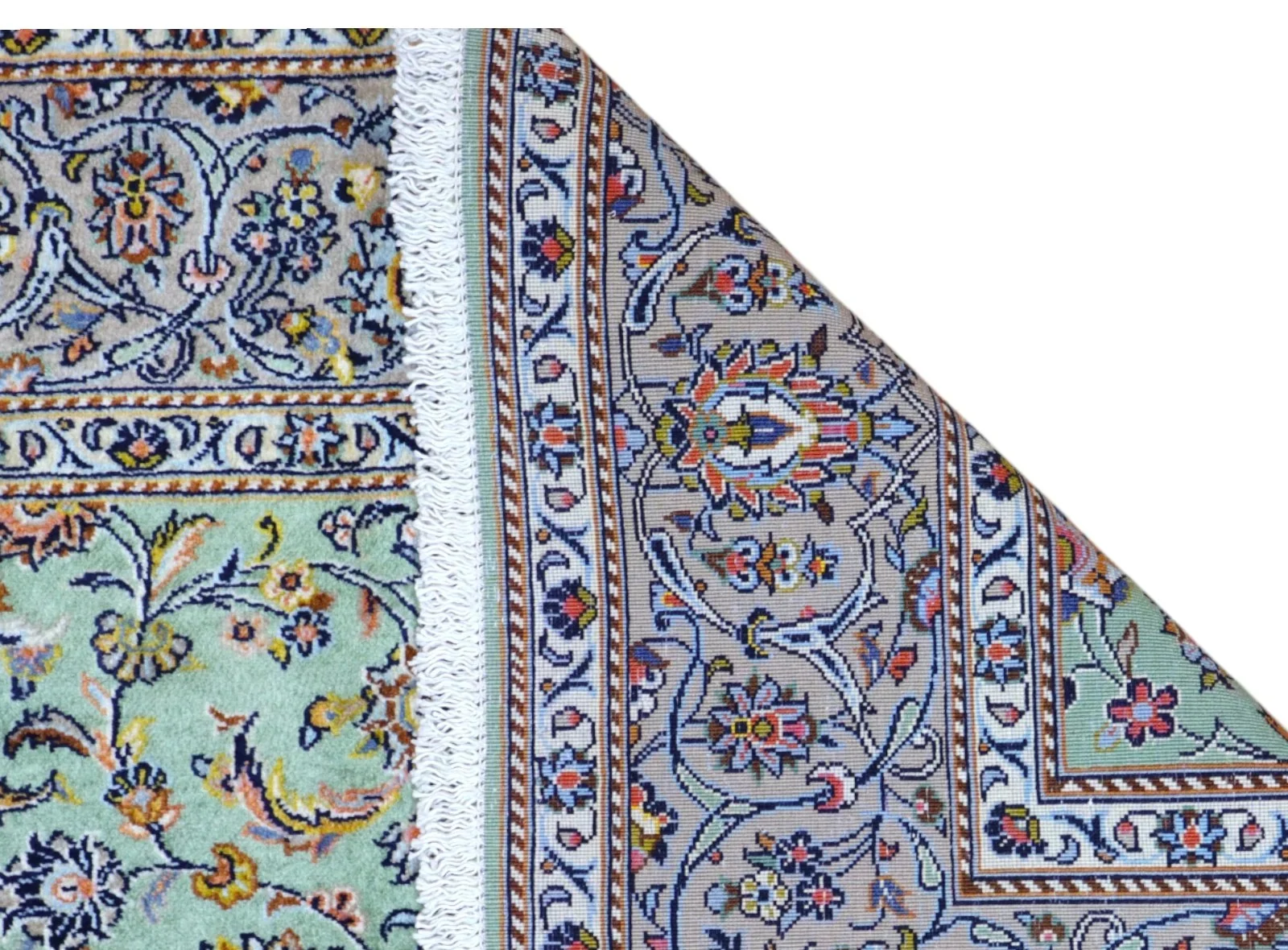 perserteppich-kashan-216-x-150-cm-schurwolle-handgeknupft-grun-rueckseite Handgeknüpfter Kashan Perserteppich, 216 × 150 cm, Wolle