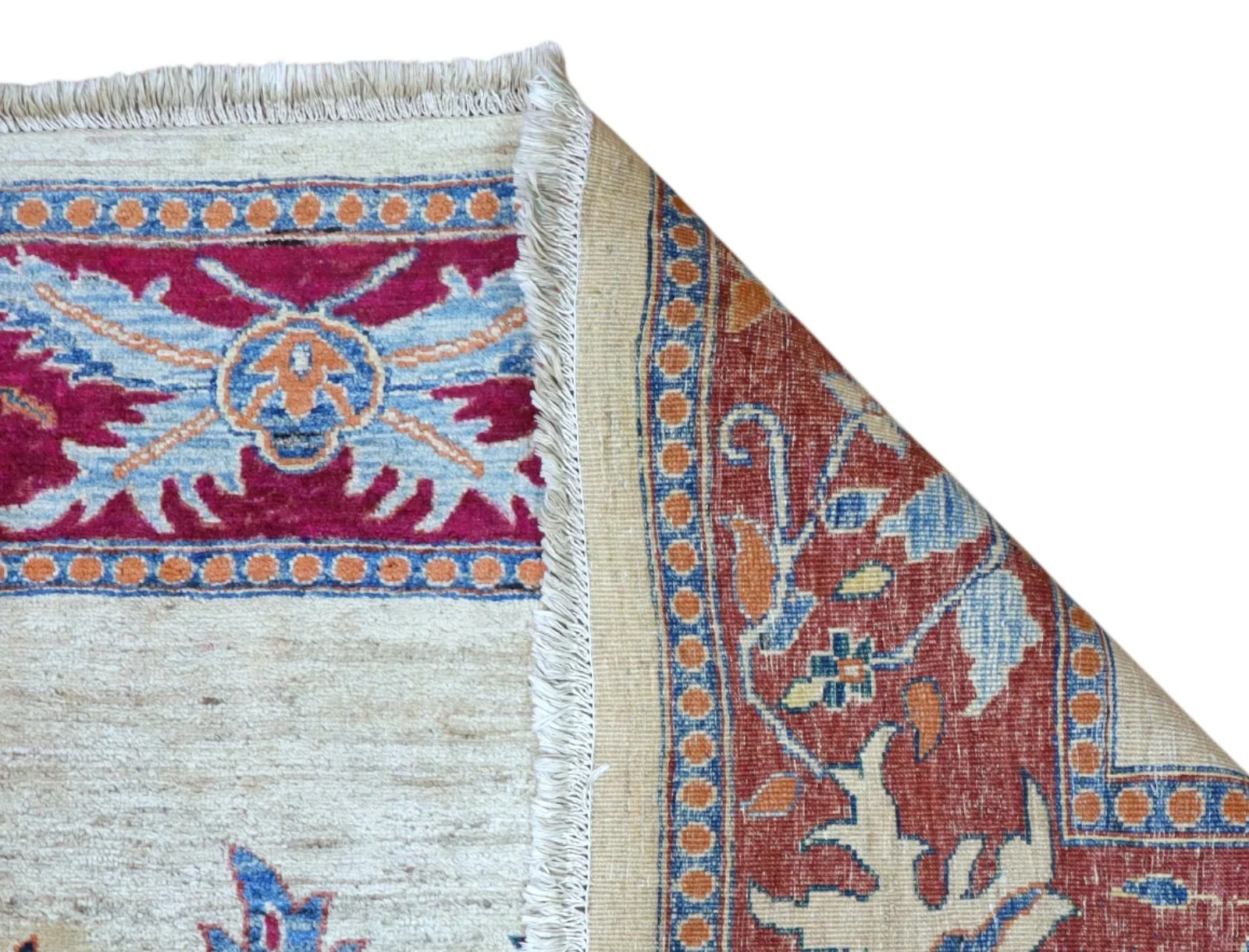 orientteppich-afghanistan-232-x-180-cm-schurwolle-handgeknupft-rueckseite Kazak Orientteppich 232 × 180 cm aus Wolle, handgeknüpft